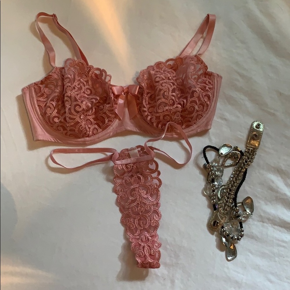 Pink lace bra and g string